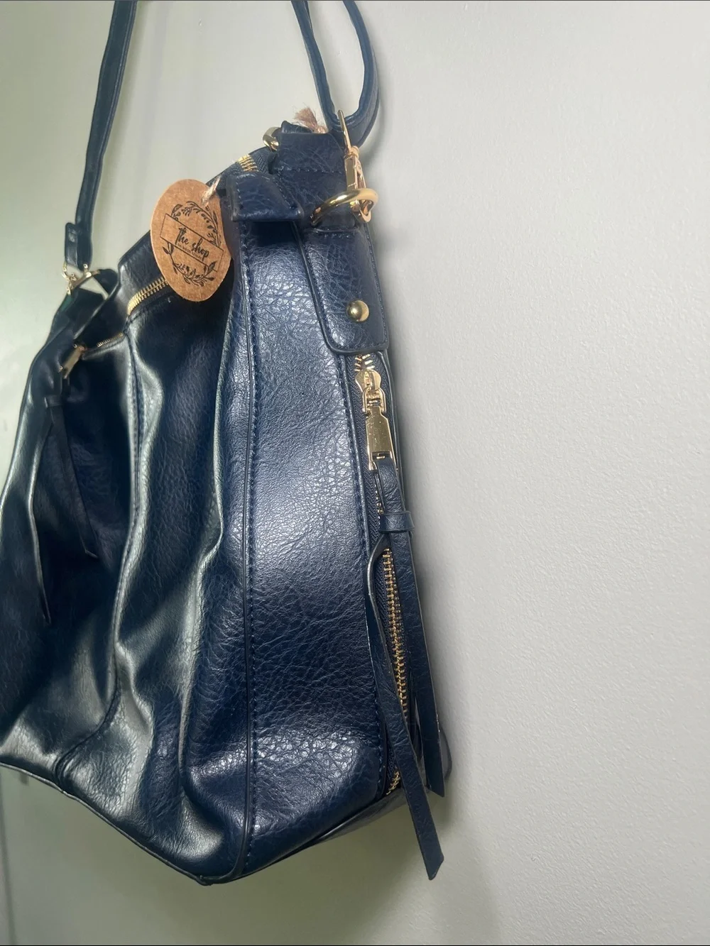 Navy Leather Shoulder Bag with Gold Hardware - Women's